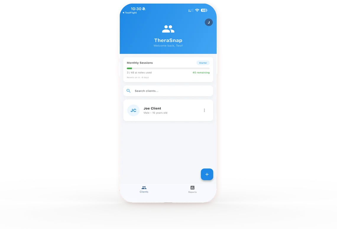 TheraSnap home — monthly sessions and client list, synced across devices