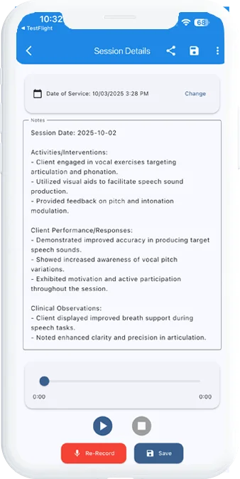 TheraSnap Session Details — the AI-drafted note that pastes into your EHR