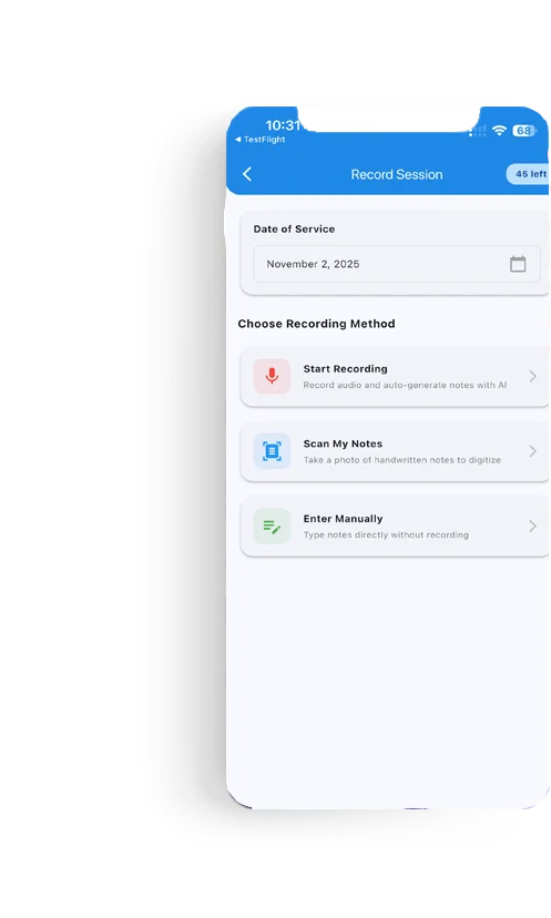 TheraSnap Record Session screen — Start Recording, Scan My Notes, Enter Manually