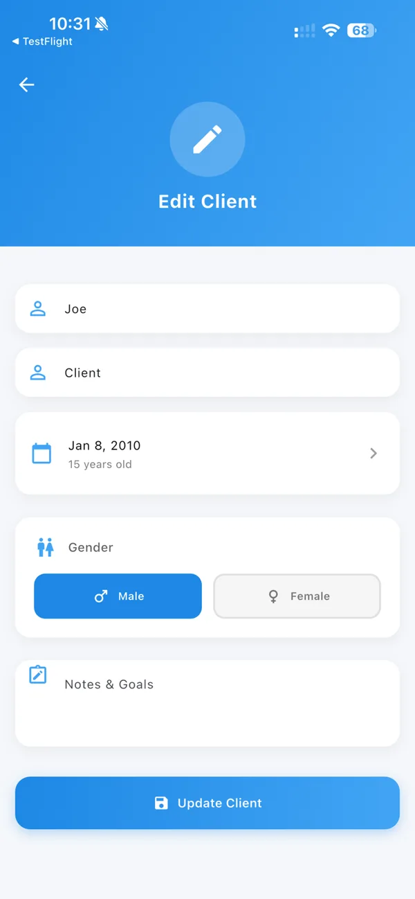 Edit client profile with goals and details