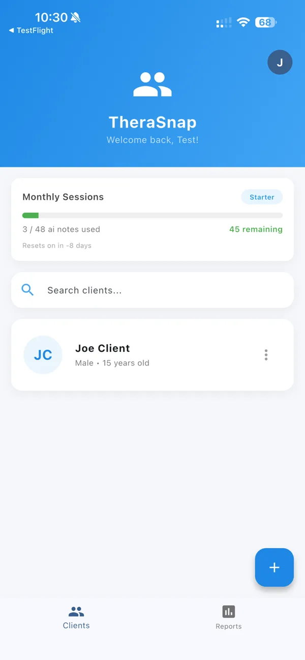 TheraSnap home screen — clients and monthly notes at a glance