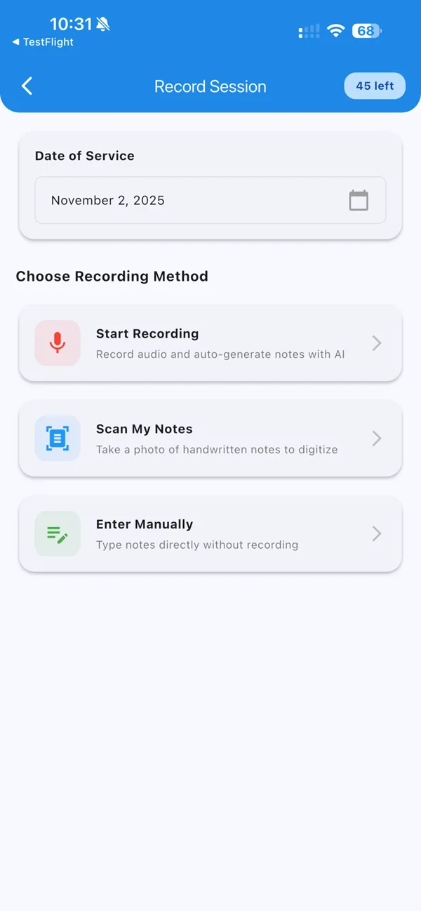Choose recording method — record, scan, or type