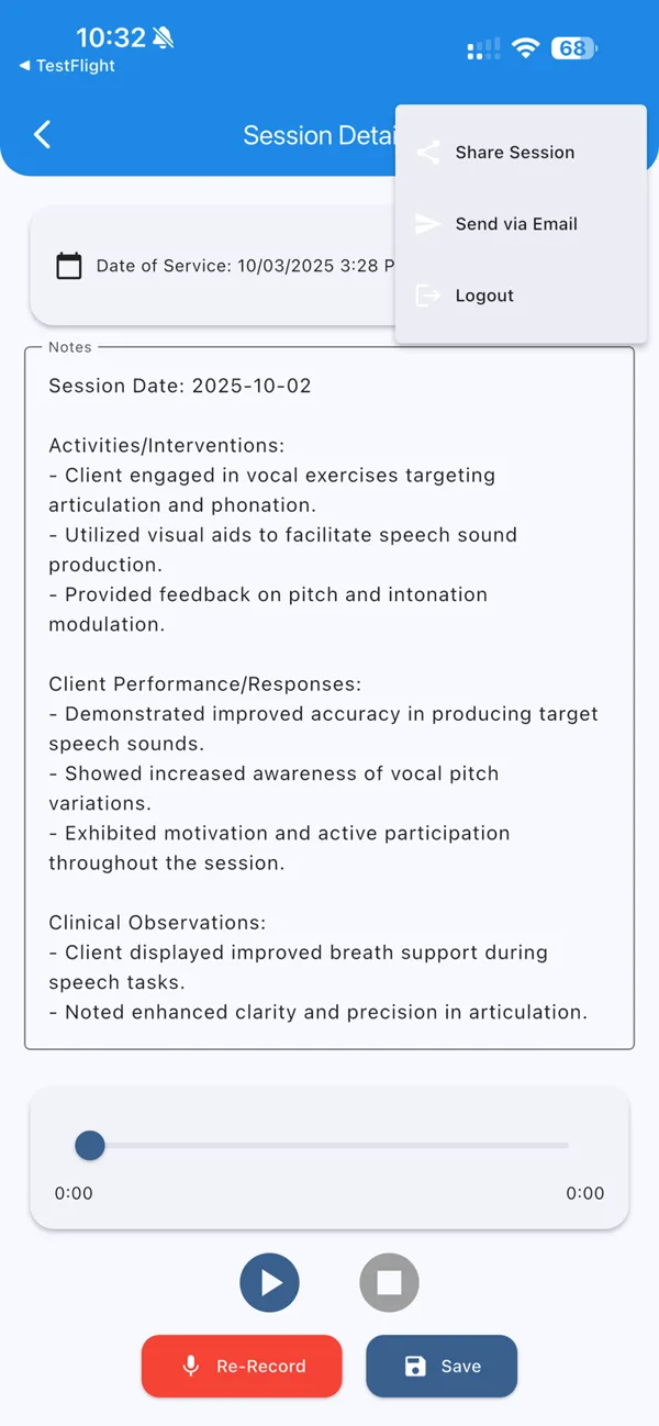 AI-drafted session note ready to share