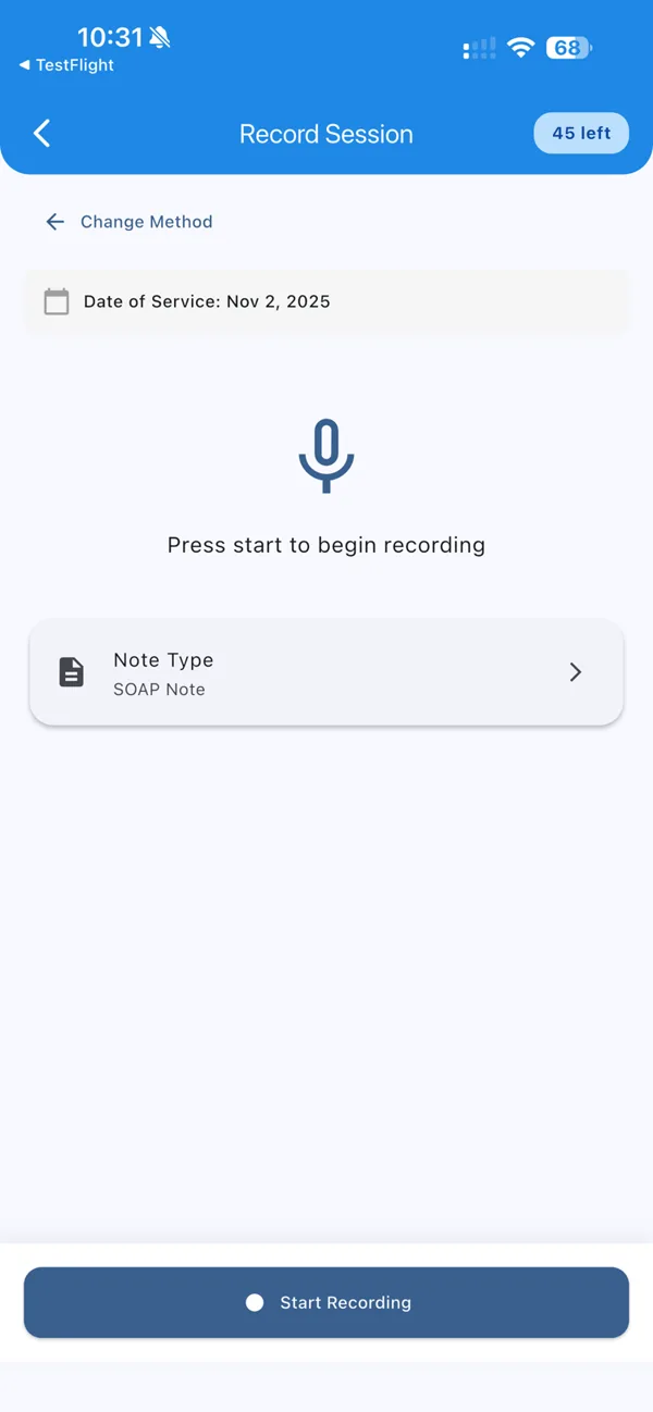 Recording screen with SOAP note type selected